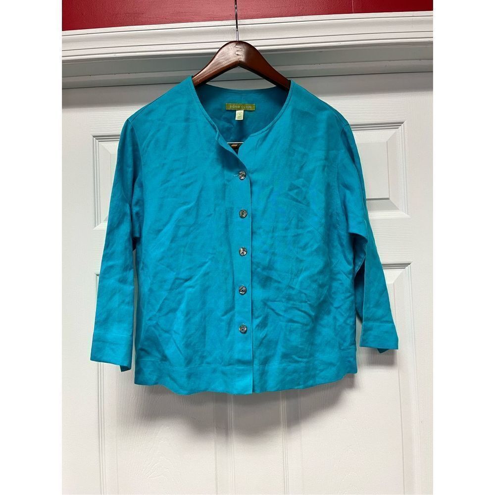 Sigrid Olsen Blue Rayon & Linen Mother of Pearl Button Light Wright Jacket sz PM